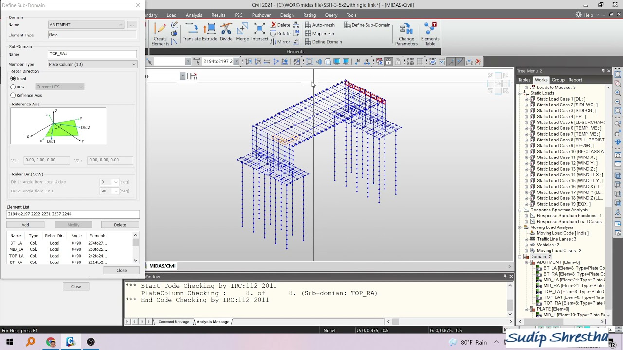 Midas Civil 2021- Plate Column Design for abutment Design -Define Domain and Sub Domain #Bridge