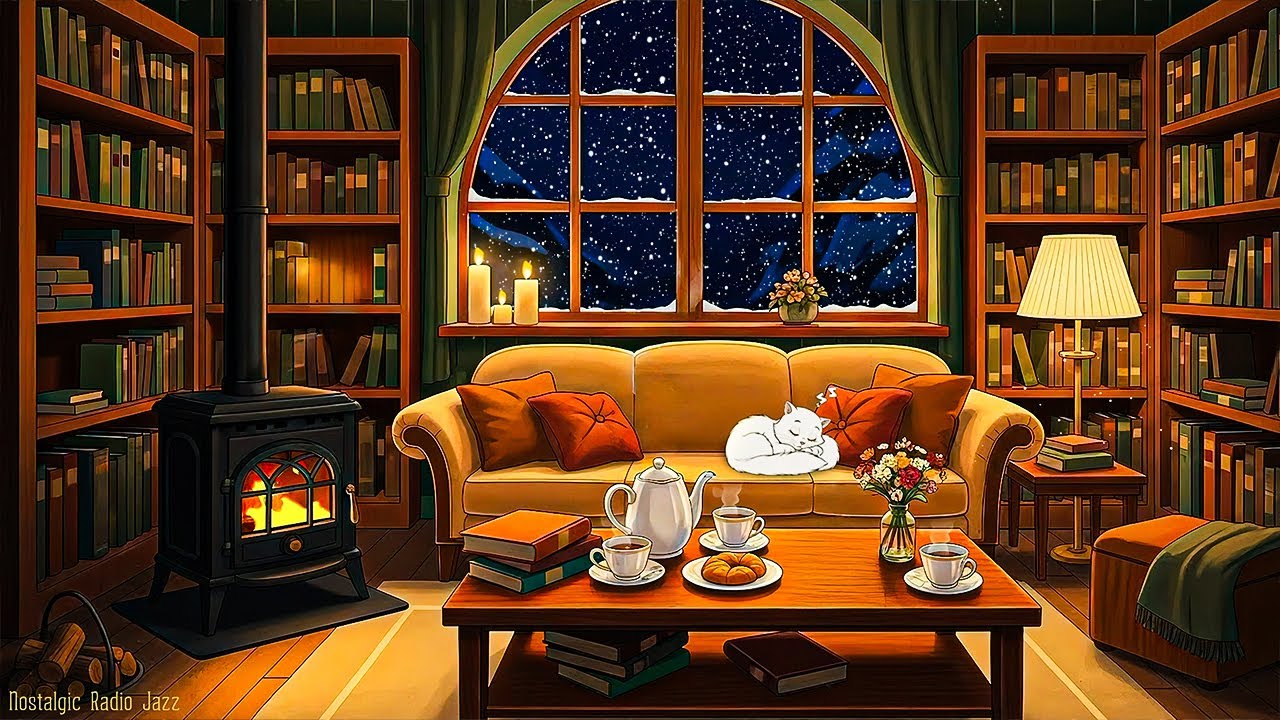 it's snowy cozy reading nook in 1930's with soft oldies playing in another room (fireplace sounds)