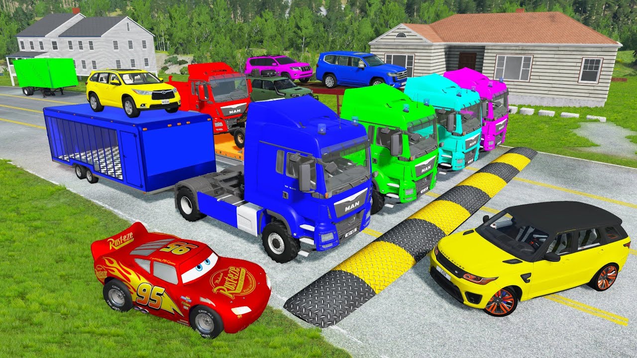 Flatbed Truck McQueen | Transportation with Truck - Pothole vs Car #158| BeamNG.Drive Gameplay