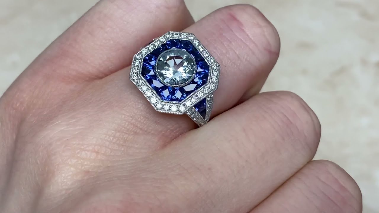 Natural Aquamarine & French Cut Sapphire and Diamond Halo Ring - Woodlands Ring - Hand Video