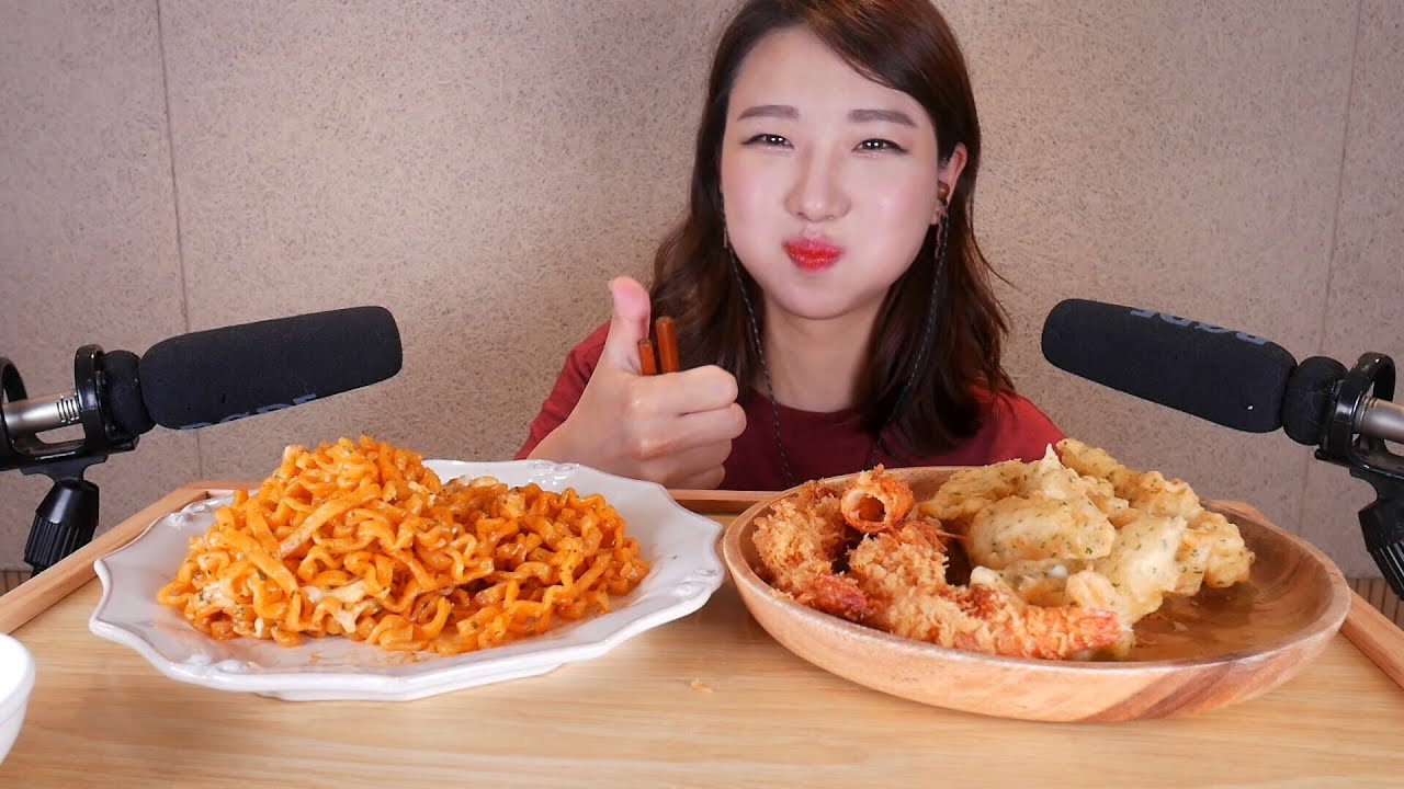 [ASMR] 🍤새우/오징어 튀김과 까르보 불닭 볶음면 | 환상의 조합...👍🏻