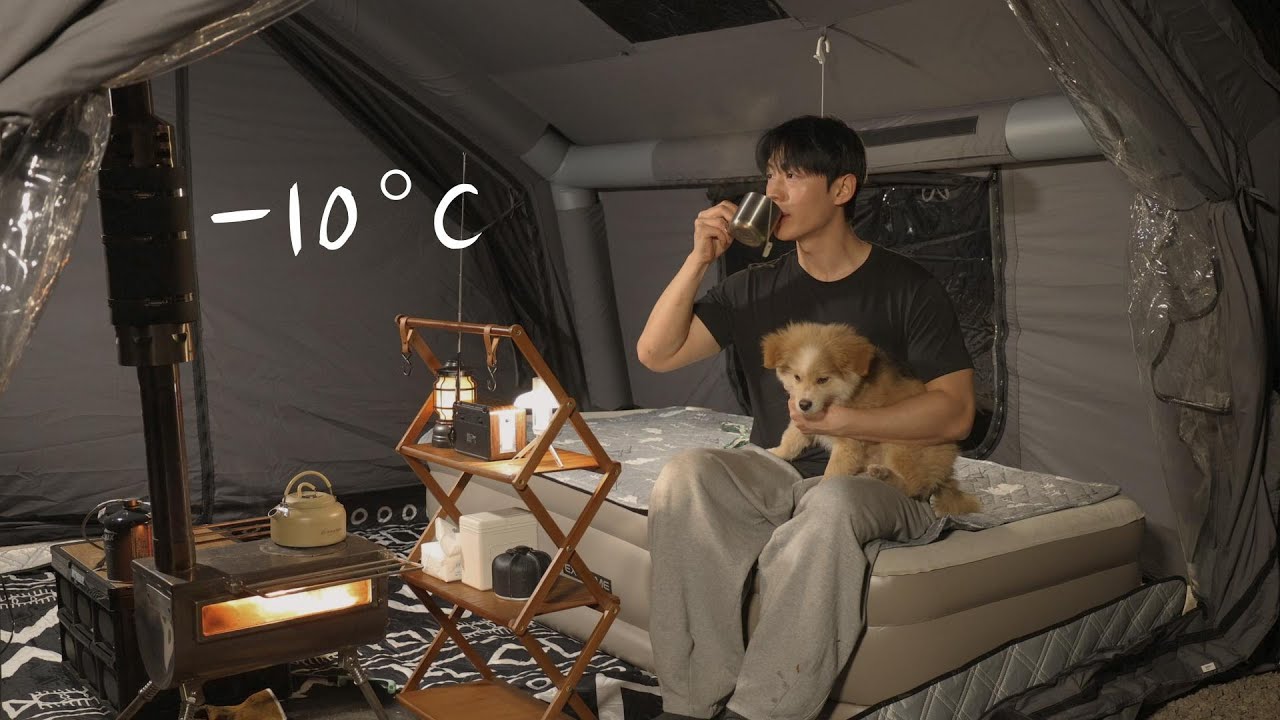 −10°C 어느 바닷가, 작은 에어텐트 속 강아지와의 조용한 하룻밤ㅣ캠핑 ASMR