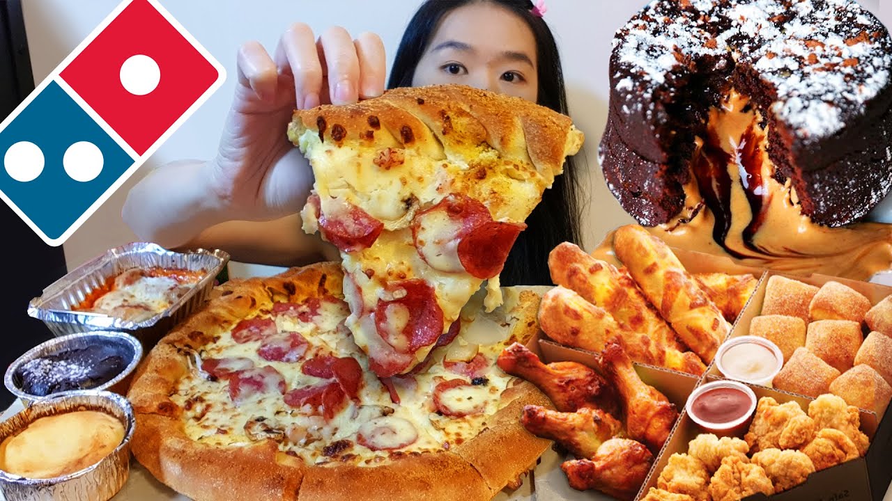 Domino's EXTRA CREAMY Alfredo Chicken Pizza & Chocolate Peanut Butter Lava Cake! Mukbang ASMR