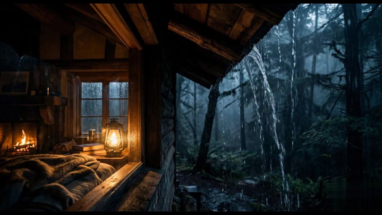 Heavy Rain on Cozy Cabin Roof | Suara Hujan Deras di Kabin Kayu & Api Unggun (ASMR)