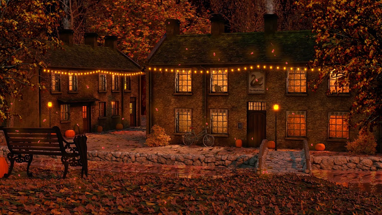 Falling Autumn Leaves, Soft Wind & Autumn Night Sounds | An Autumn Evening Hotel Ambience