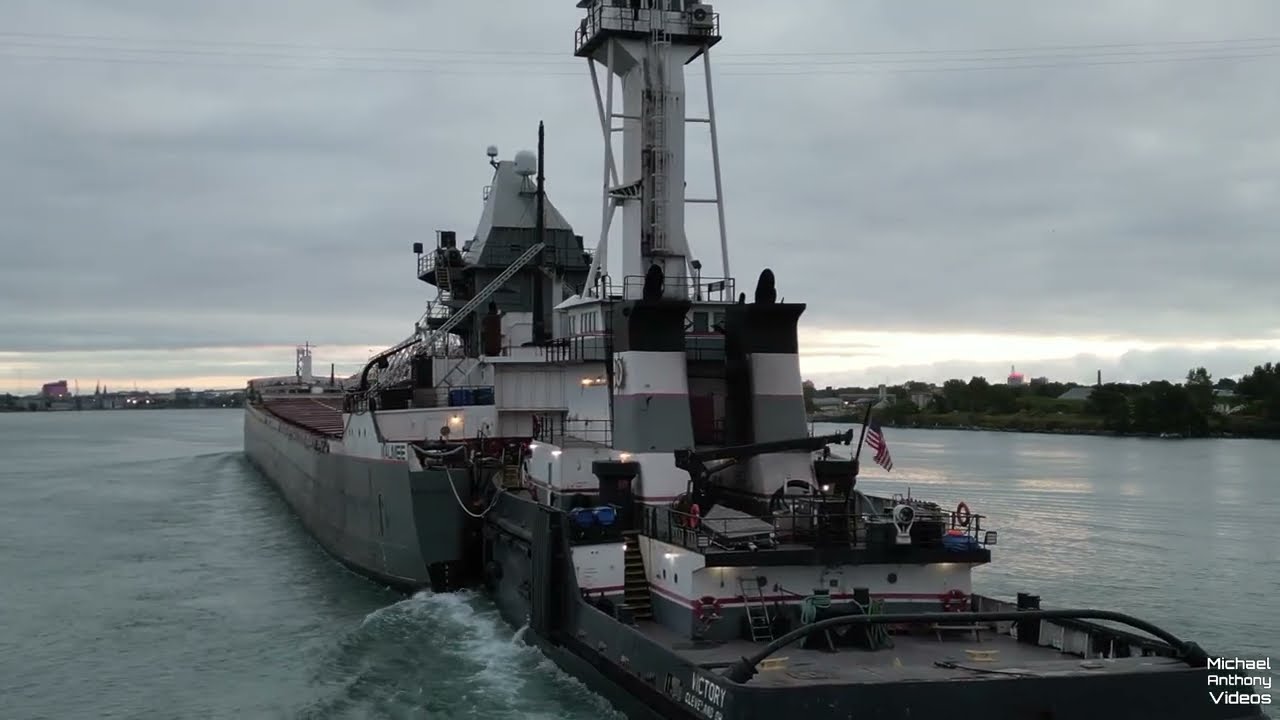 Maumee Freighter Ship Barge On The Detroit River | Detroit, Michigan 4K Aerial