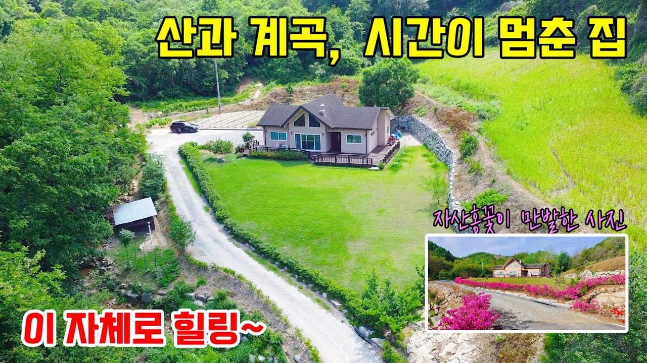 1158. 들어서는 순간 산과 작은 계곡이 있는 나홀로 전원주택입니다. 정말 시간이 멈춘 듯.. 그 자체로 힐링이 가능한 집이에요. 토지는 868평으로 농업경영체등록도 가능합니다.