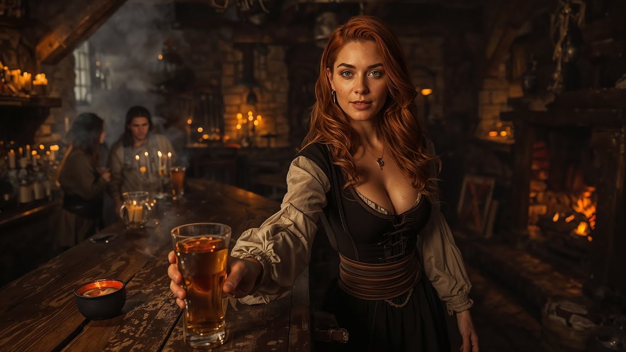 Old Medieval Tavern | Accompanied by Calm Music, a Cracking Fire, and a Nighttime Atmosphere