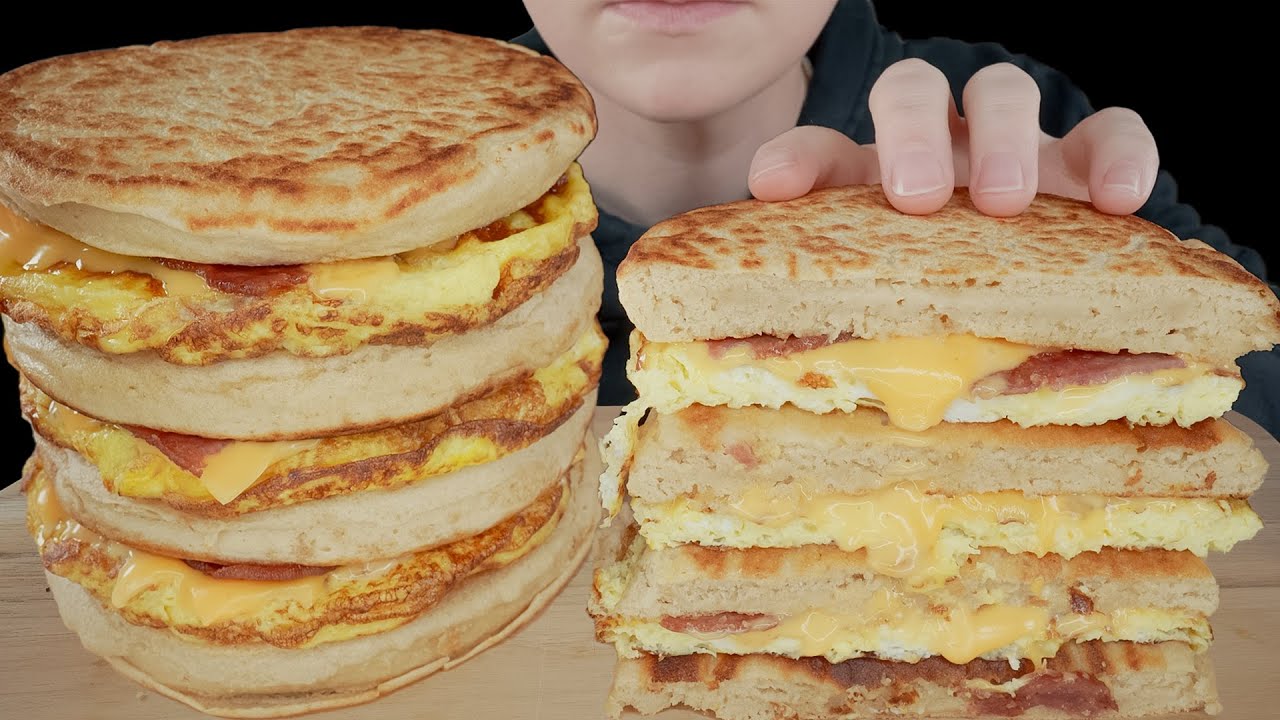 ASMR Giant Breakfast Sandwich! Turkey Bacon, Egg & Cheese with Maple Buttermilk Protein Pancakes