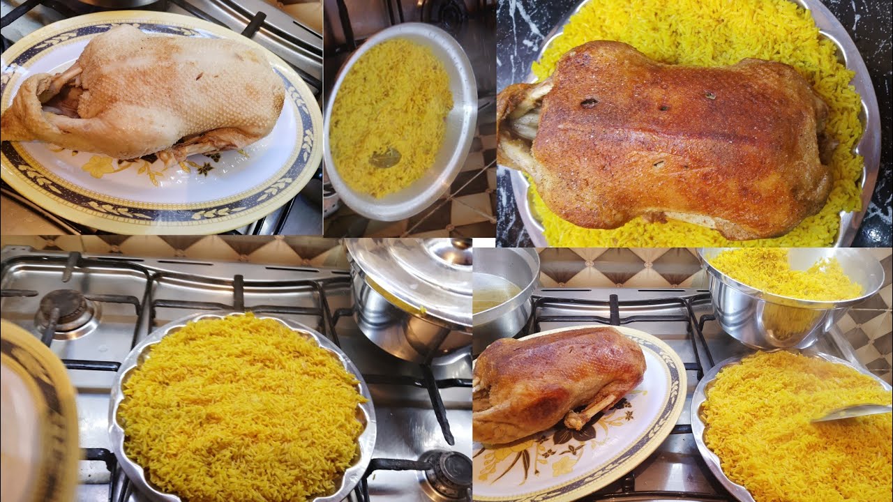 طريقة عمل البط المحمر وسر الأرز البسمتي الأصفر المفلفل كالمطاعم   صينيه تشرفك في أي  عزومه🦆🍚