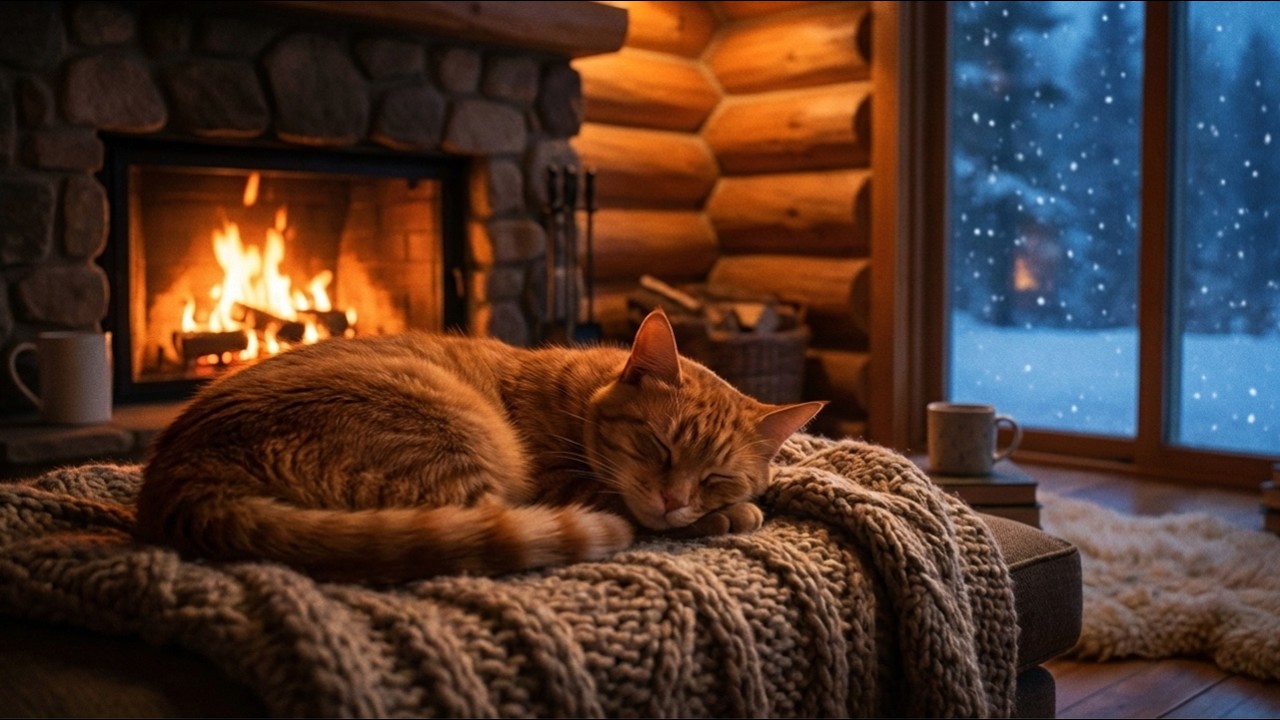 CALM RELAXING MUSIC FOR CATS 🐱 PEACEFUL WINTER ATMOSPHERE WITH WARM FIREPLACE | COZY, AND PEACEFUL