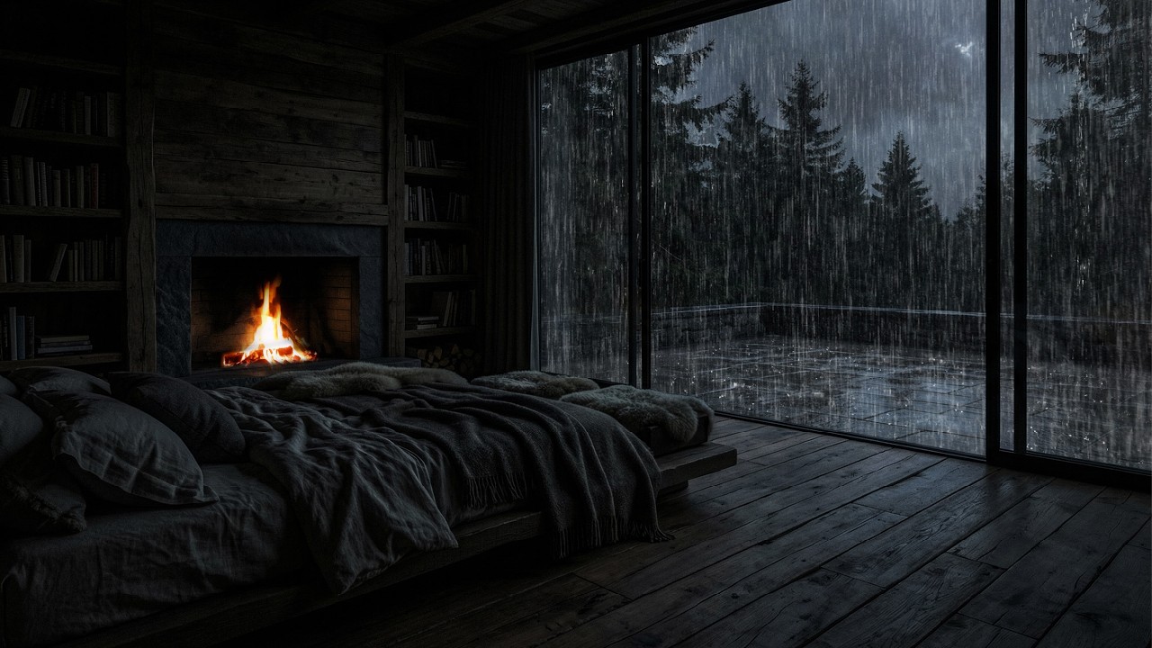 🌧️ Heavy Rain Sounds for Deep Sleep | Cozy Cabin Fireplace on a Stormy Night