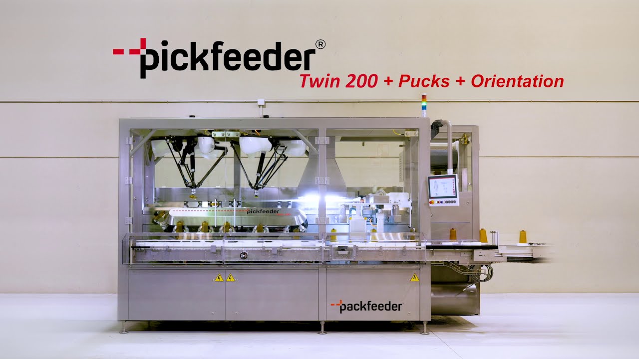 Robotic bottle unscrambler with pucks and orientation system - pickFeeder TWIN 200