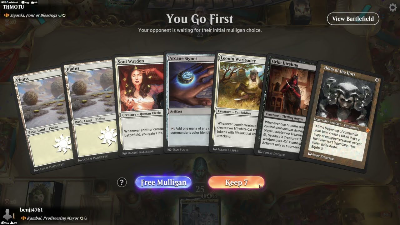MTG Arena Historic Brawl Kambal, Profiteering Mayor vs Sigarda, Font of Blessings.