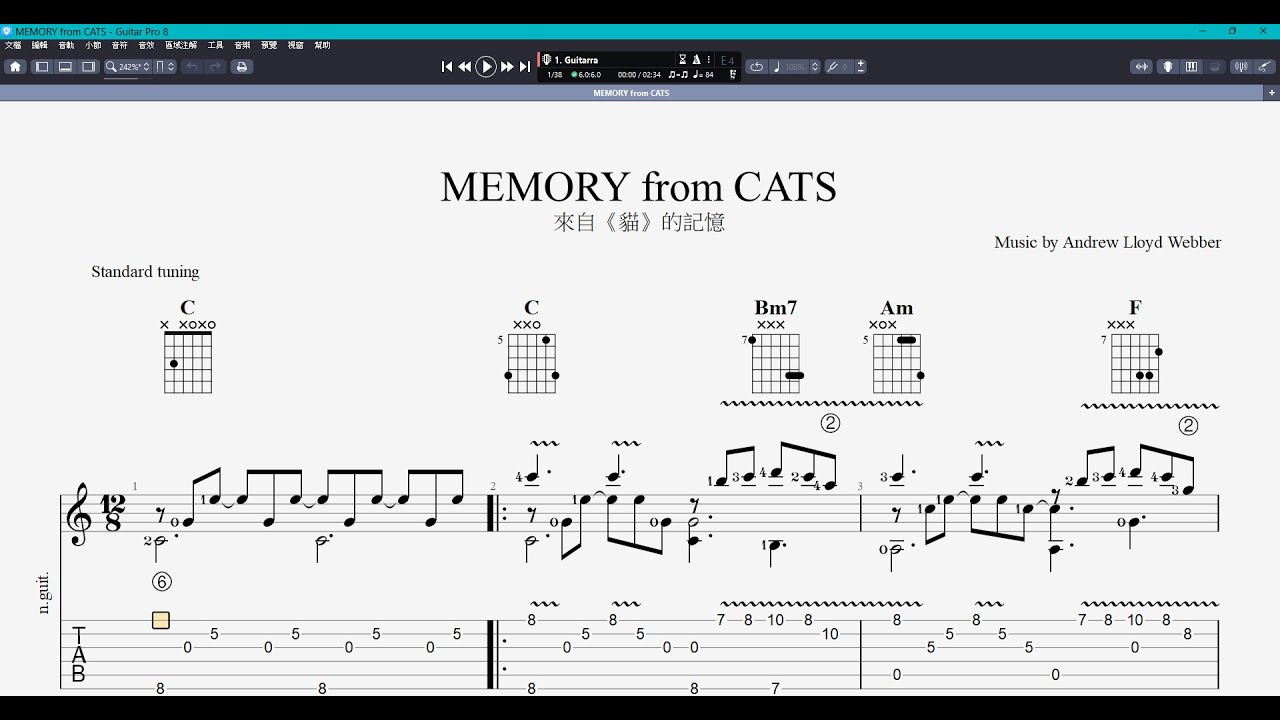 吉他譜MW_ MEMORY from CATS (來自《貓》的記憶)   Guitar Pro 8