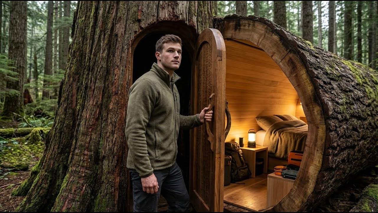 Building a house in the forest (ASMR) - This man built a mini house inside a tree trunk by himself