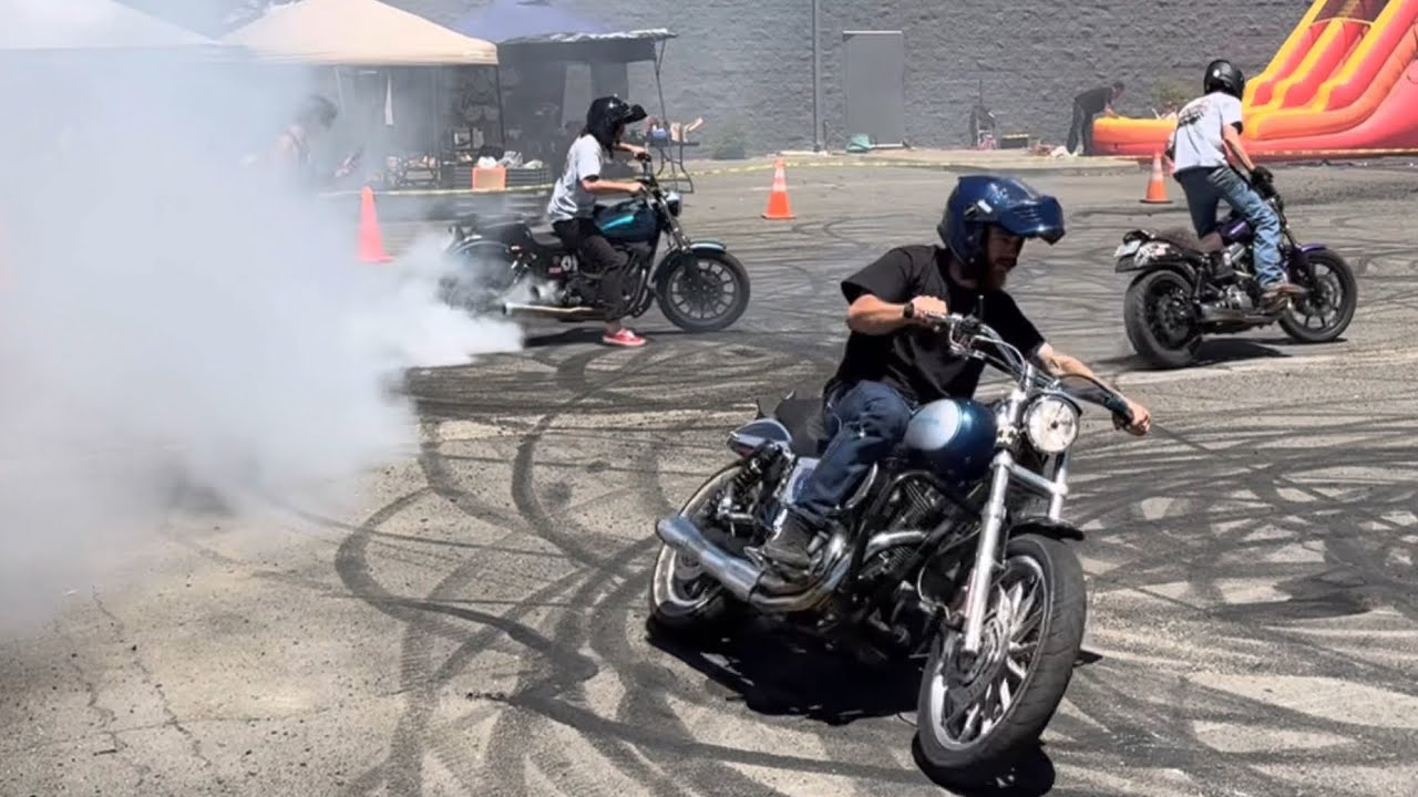 Harley Stunts: Wheelies and Burnouts Extravaganza! FTW Garage at Iron Steed Harley (part 2)
