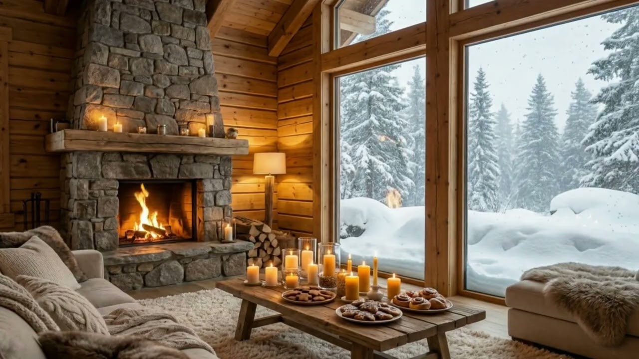 Scandinavian Winter Cabin, Cozy Fireplace & Ambient Music
