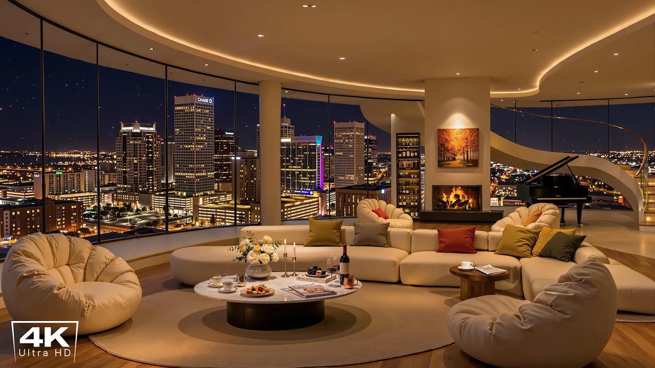 4K Cityscape Serenity in Cozy Apartment | Smooth Jazz Instrumental & Fireplace Sounds to Unwind