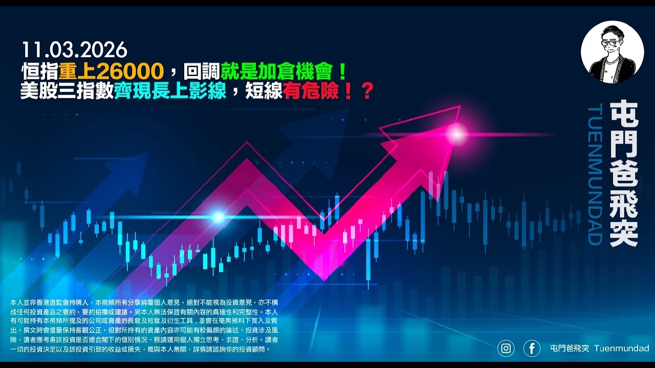 2026年3月11日 恒指重上26000，回調就是加倉機會！美股三指數齊現長上影線，短線有危險！？