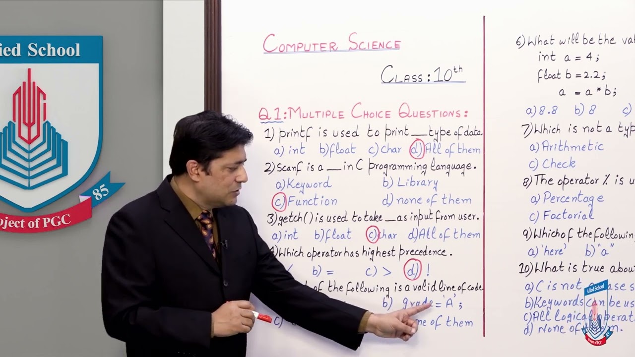 Class 10 - Computer Studies - Chapter 2 - Lecture 8 - Exercises: Q.1=MCQs, Q.2=T & F- Allied Schools