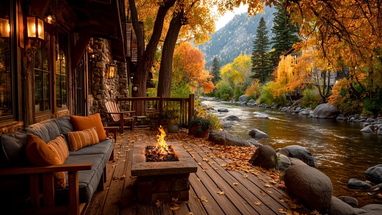 Cozy Autumn Porch Escape | Riverside Ambience & Firepit with Nature Birds Songs
