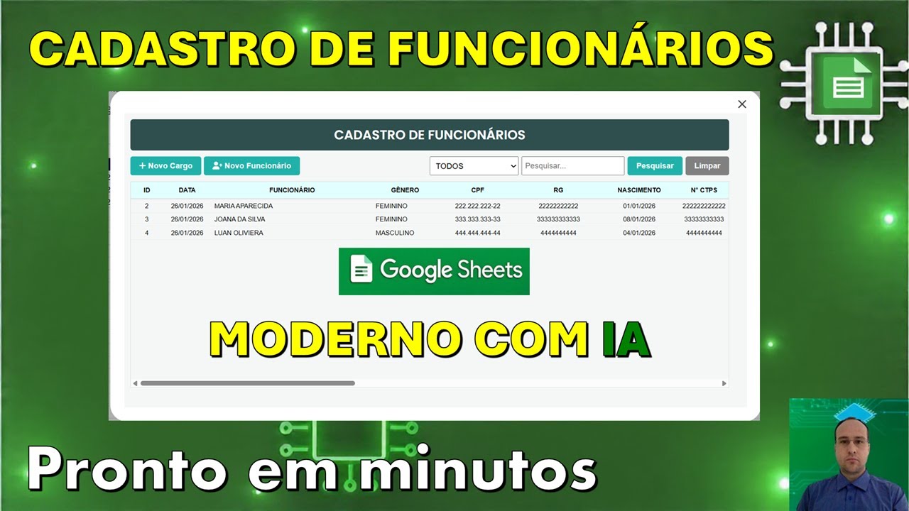 IA | Cadastro de Funcionários Moderno no Google Planilhas | Pronto em Minutos com Gemini