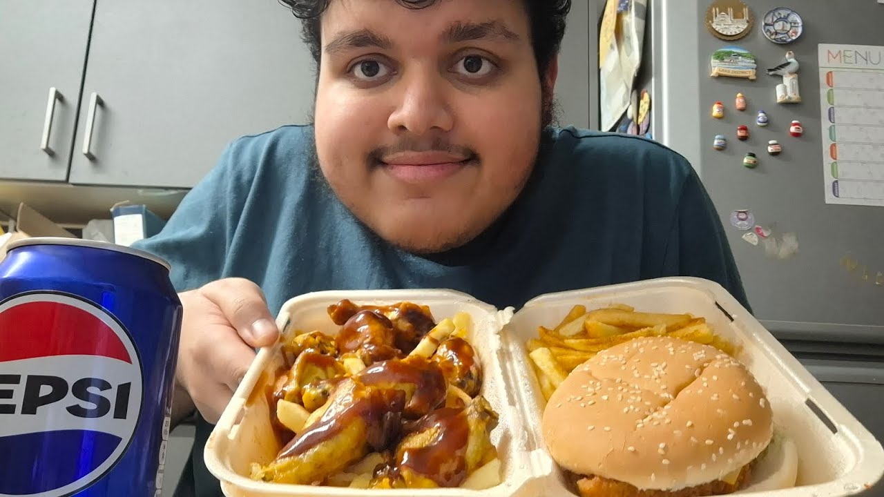 Chicken burger with chips and bbq wings takeaway uk mukbang 