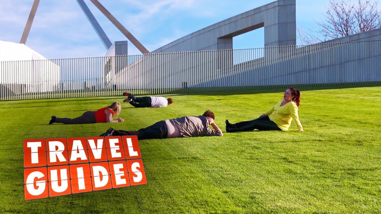 The Frens attempt to roll down the hill at Parliament House | Travel Guides 2019