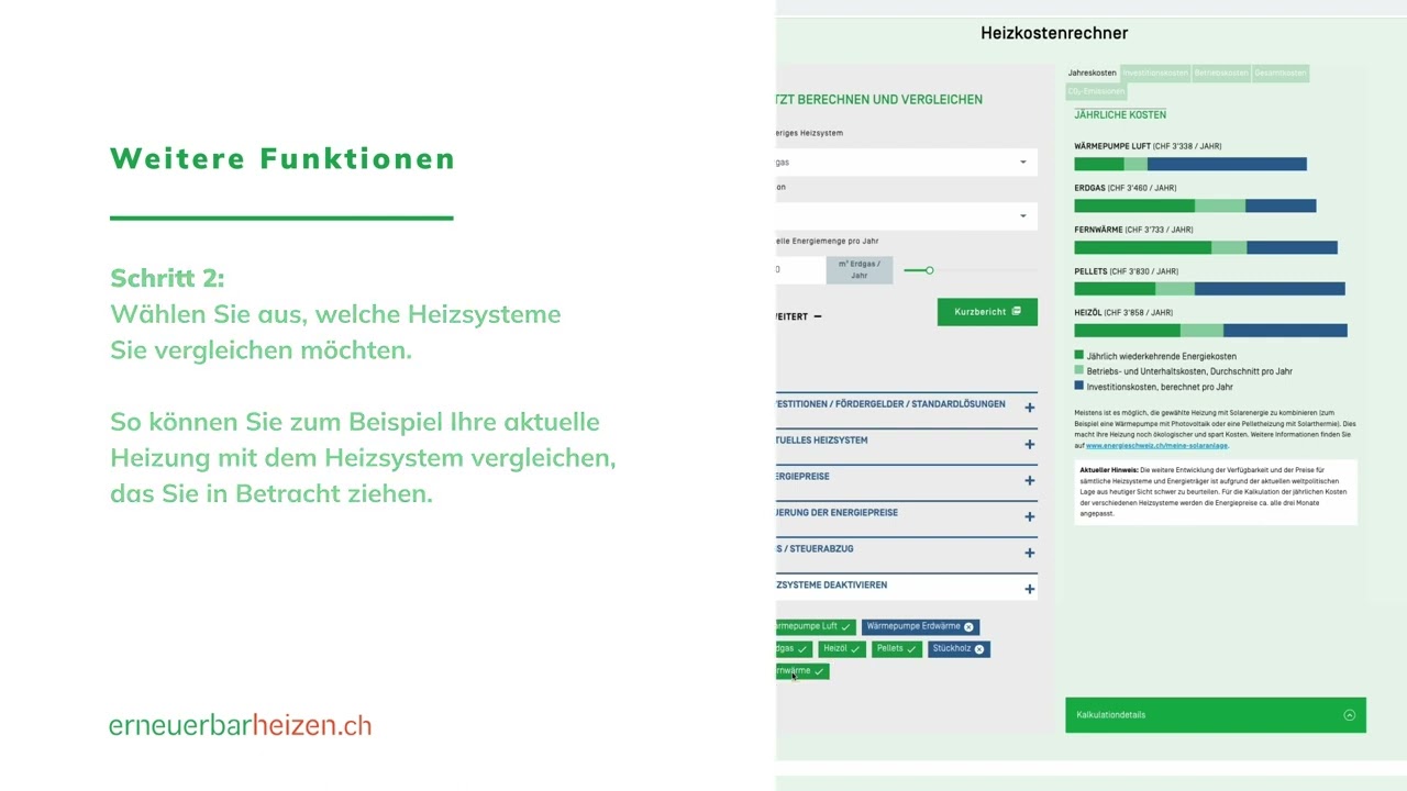Der Heizkostenrechner von «erneuerbar heizen»: Die erweiterten Funktionen