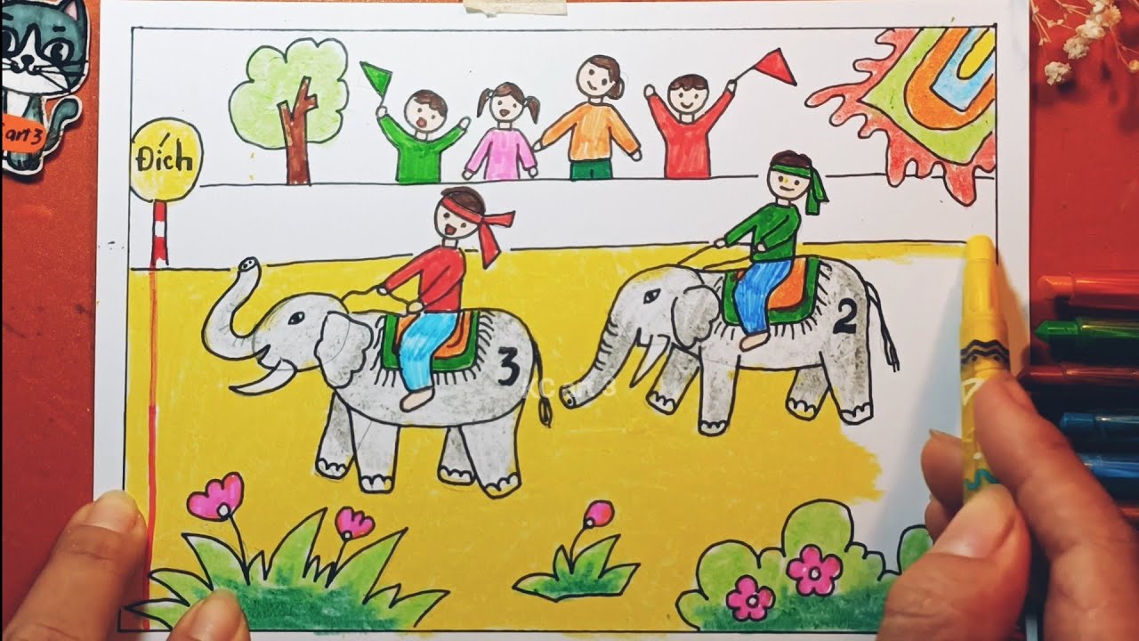 Vẽ lễ hội đua voi - hội xuân quê hương - tranh vẽ theo hình thức ước lệ - yếu tố dân tộc trong tranh