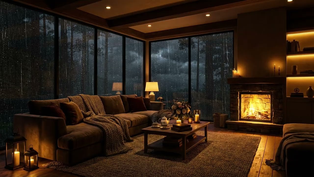 Heavy Rain Outside & Warm Fireplace Inside | Cozy Night Ambience for Deep Sleep & Relaxation