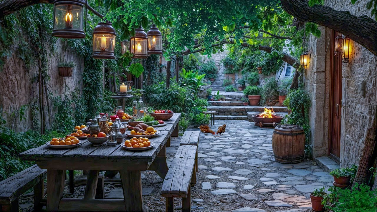 Rustic Courtyard Ambience | Fire Pit & Nature Sounds for Deep Sleep & Relaxation | 4K