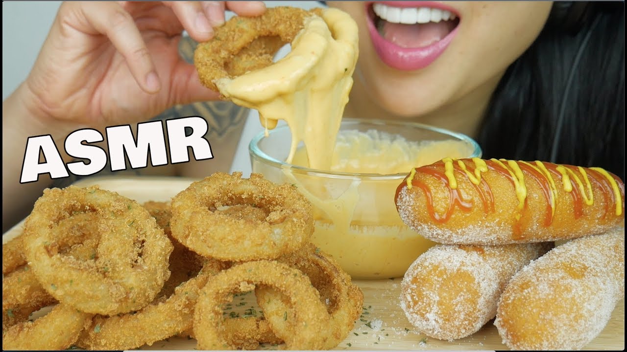 ASMR ONION RINGS & CORNDOGS with CHEESE SAUCE (EXTREME CRUNCHY EATING SOUNDS) NO TALKING | SAS-ASMR