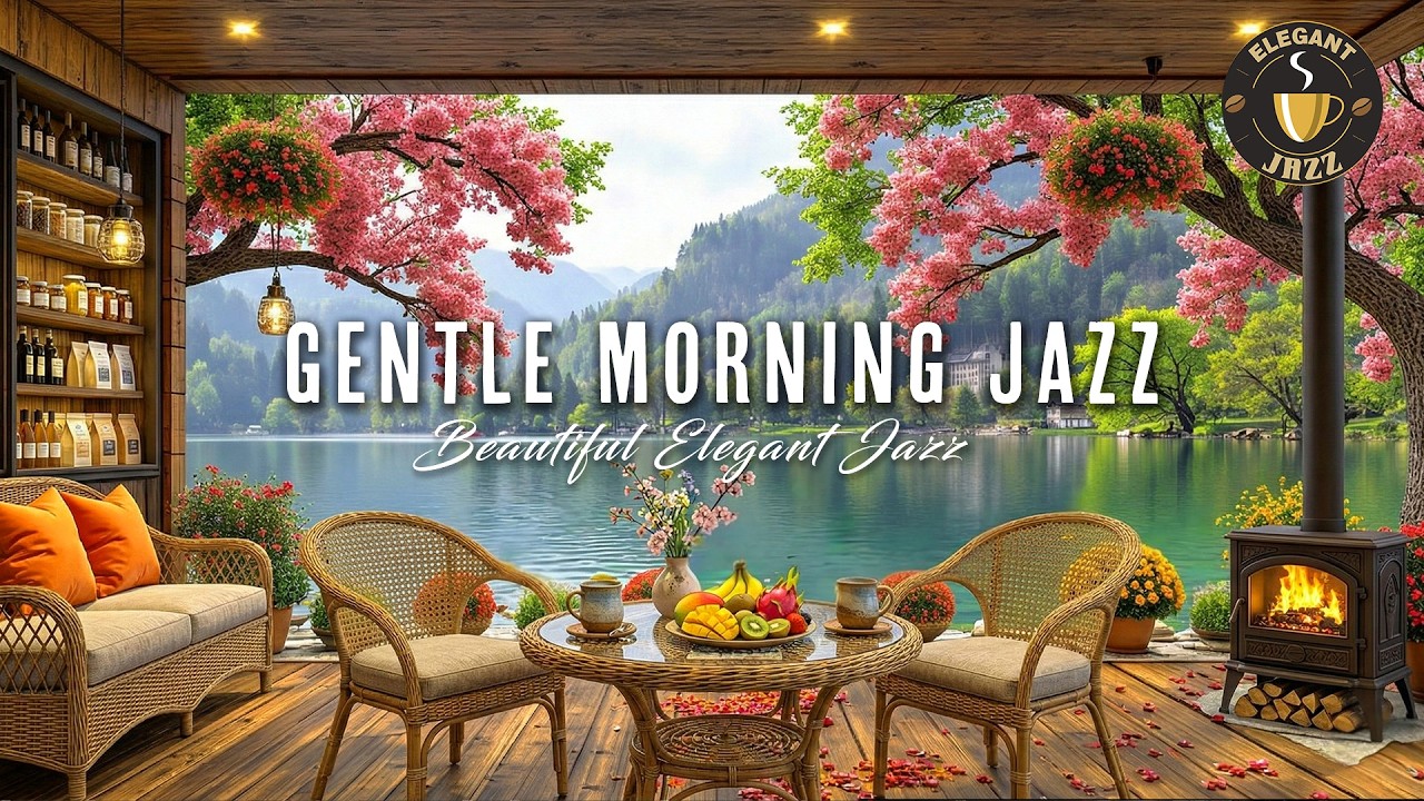 Peaceful Rainy Lakeside Spring Coffee Shop 🌸 Gentle Morning Jazz Piano for Study, Work & Relax