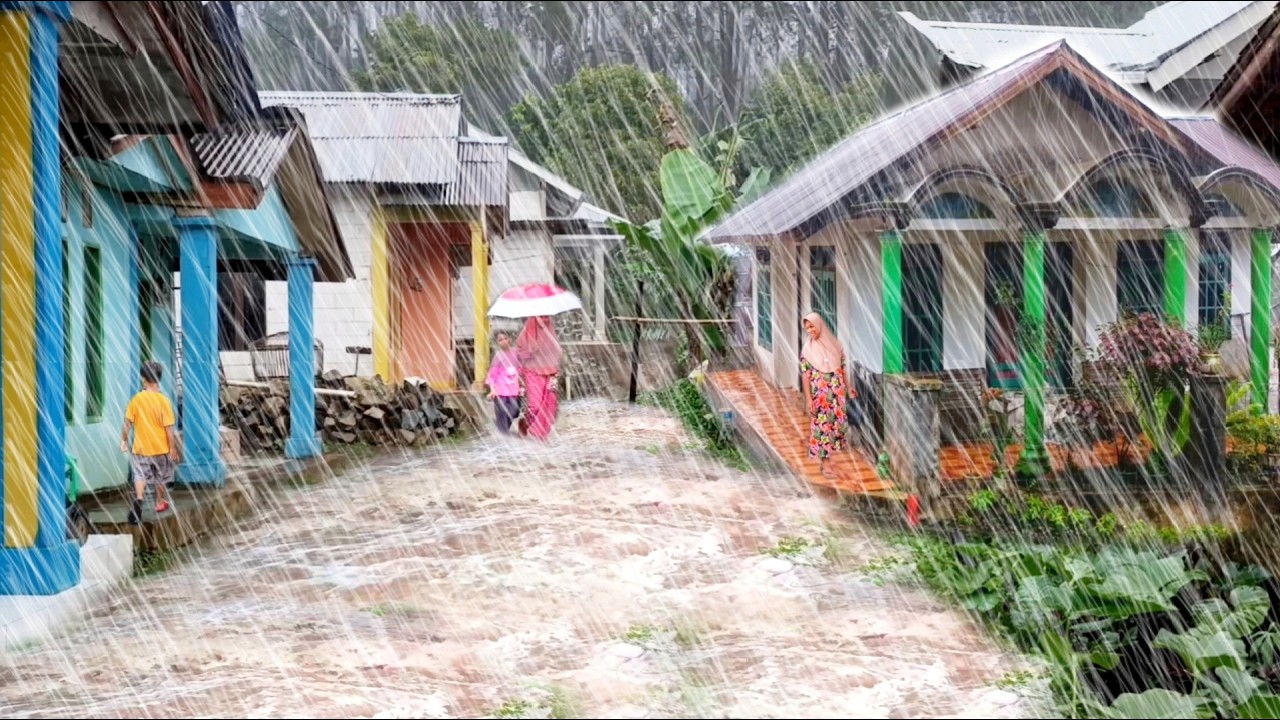 SUPER HEAVY RAIN AND THUNDER IN BEAUTIFUL HILLY VILLAGE | BEST RAIN BEDTIME SOUND