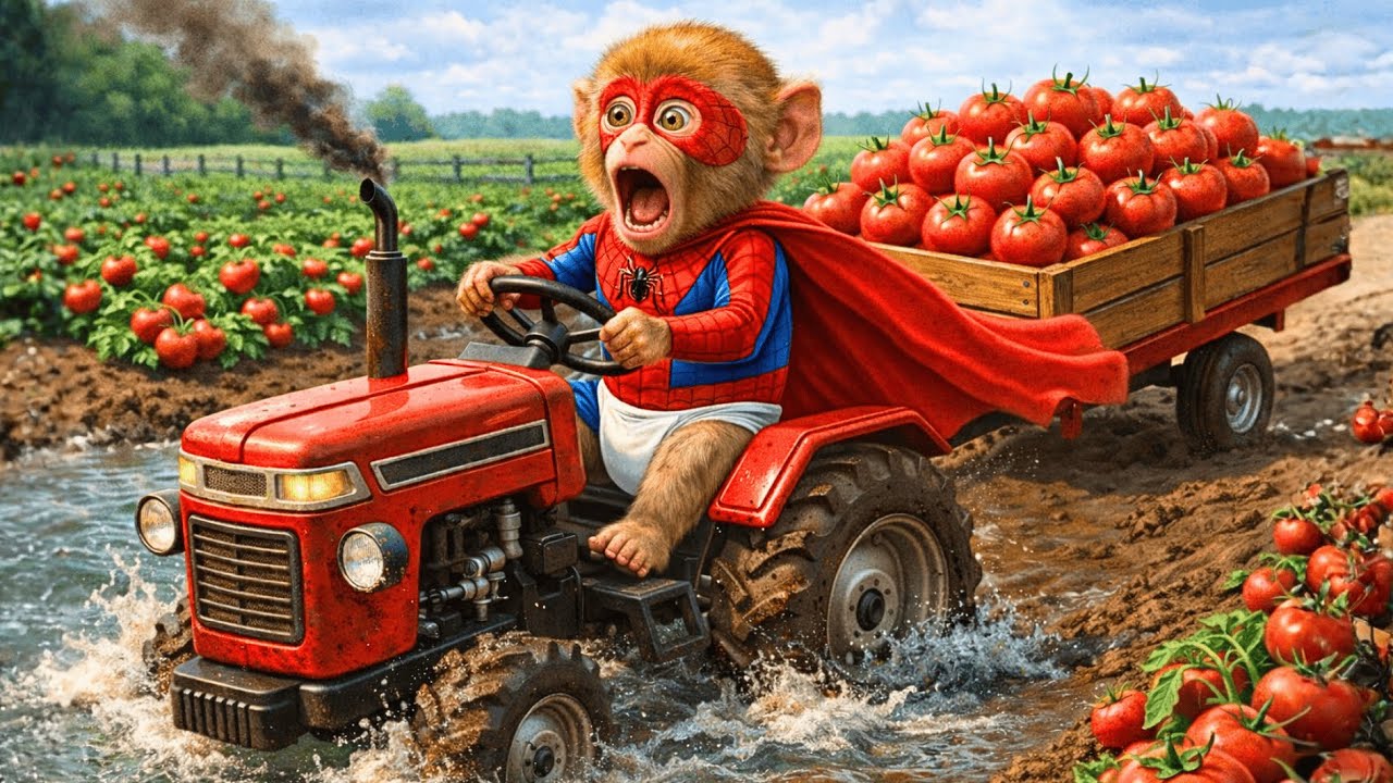 🍅🐒 Monkey Bonzi&rsquo;s Tomato Harvest Turns into Chaos When His Tractor Falls in a Pond!
