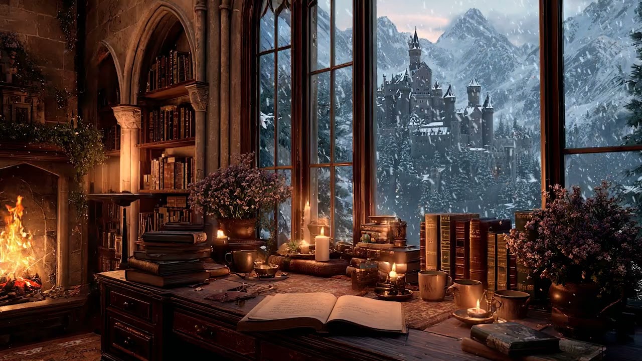 Warm Winter Night Inside a Quiet Snowy Cabin | Soft Fireplace and Wind Ambience for Deep Sleep