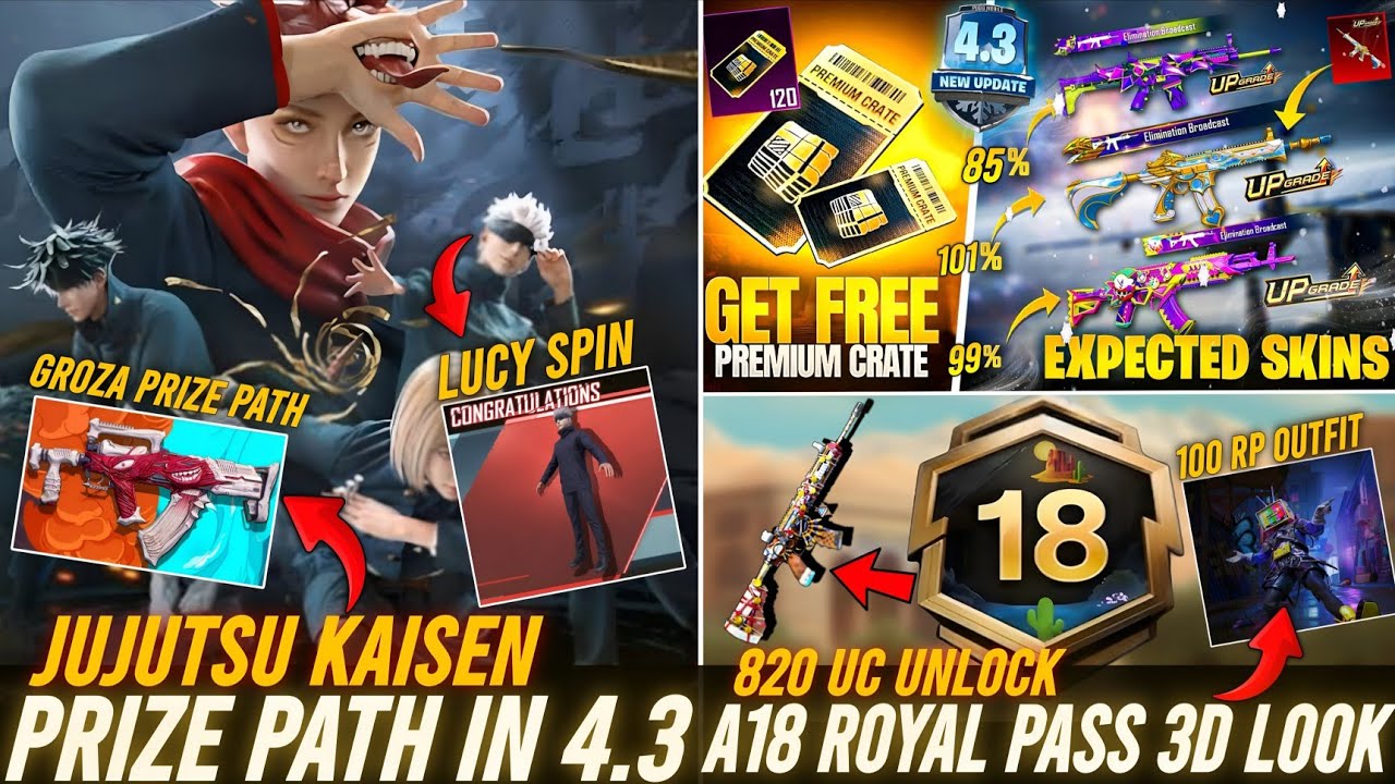 ‎🔴 4.3 JUJUTSU KAISEN PRIZE PATH 🔥😱| NEXT PREMIUM CRATE BGMI 😱| A18 ROYAL PASS LEAKS 😍| BGMI LEAKS