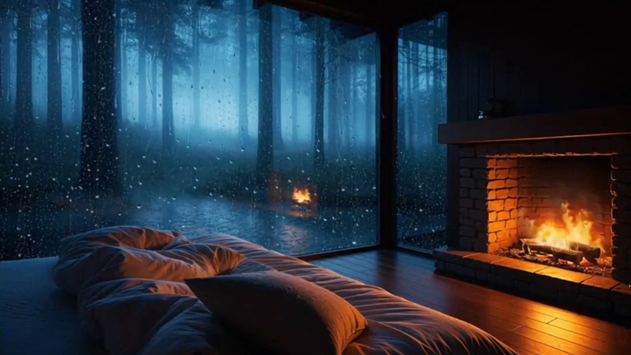 Rain on Window in Cozy Bedroom with Fireplace | Deep Sleep Rain Sounds | 8 Hours