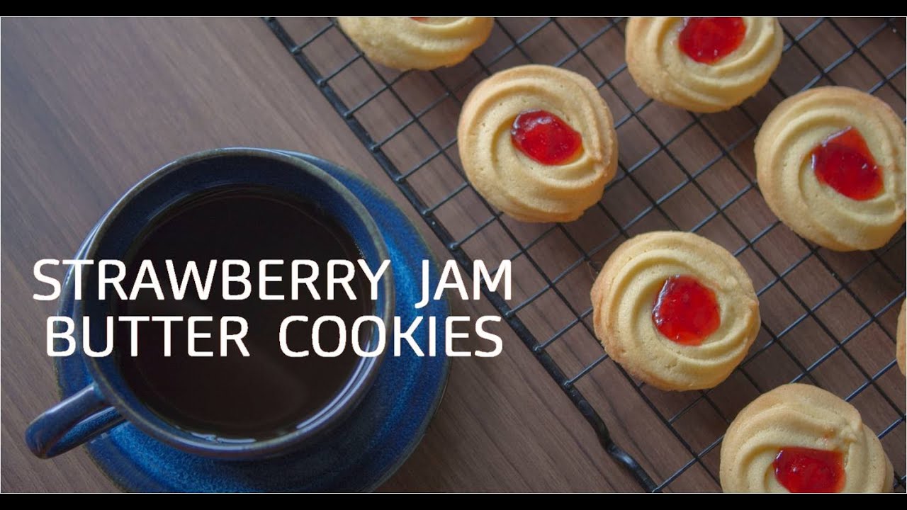 【お菓子作り】絞り出しクッキー（苺ジャム入り）の作り方 Strawberry Jam Butter Cookies Recipe / spritz cookies【ASMR】