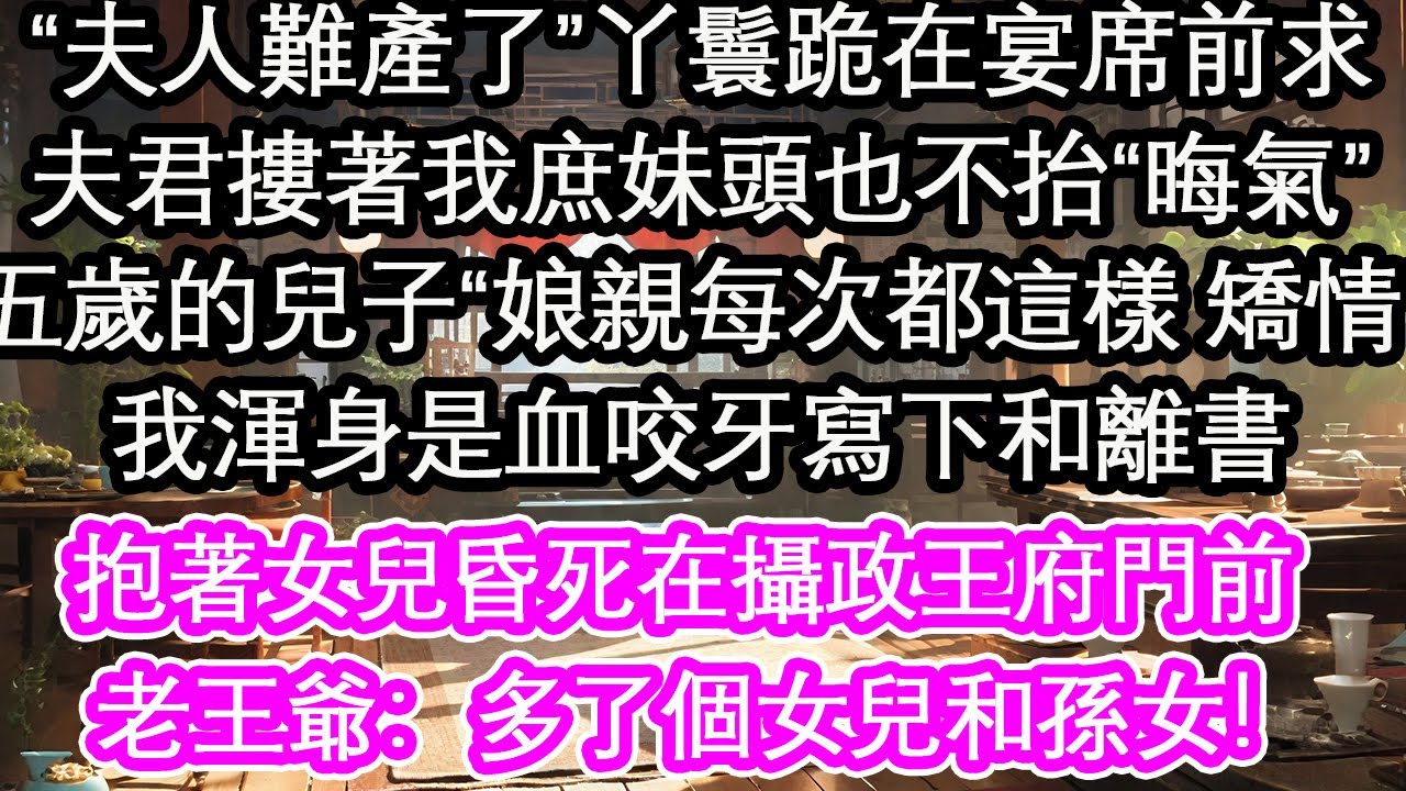 “夫人難產了”丫鬟跪在宴席前求，夫君摟著我庶妹頭也不抬“晦氣”五歲的兒子“娘親每次都這樣 矯情”我渾身是血咬牙寫下和離書，抱著女兒昏死在攝政王府門前，老王爺：多了個女兒和孫女！【花開】【愛情】【生活】