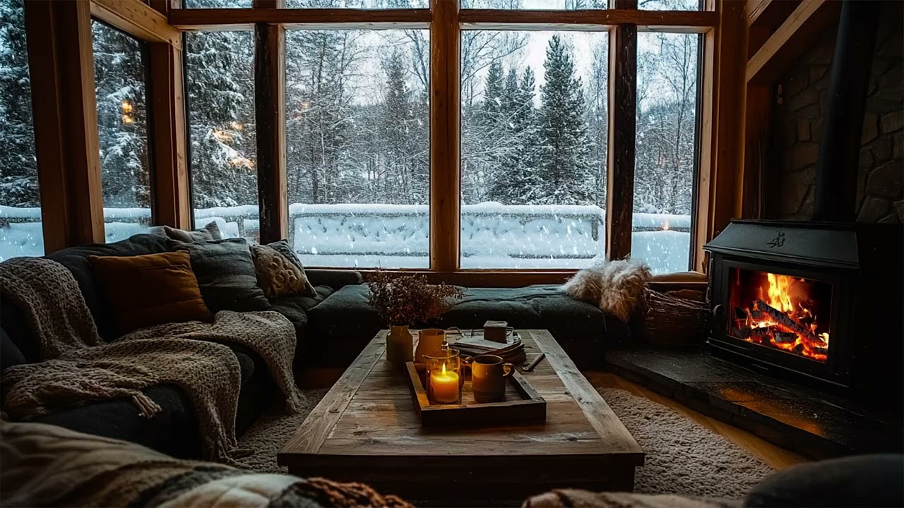 Calm Winter Fireplace Ambience | Soft Piano Music and Snowfall for Deep Rest