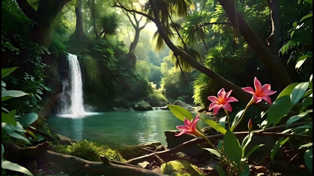 No Mid Ads | Hours of Nature Sounds🌴 Tropical Paradise Jungle Ambience | Birdsong & Waterfall