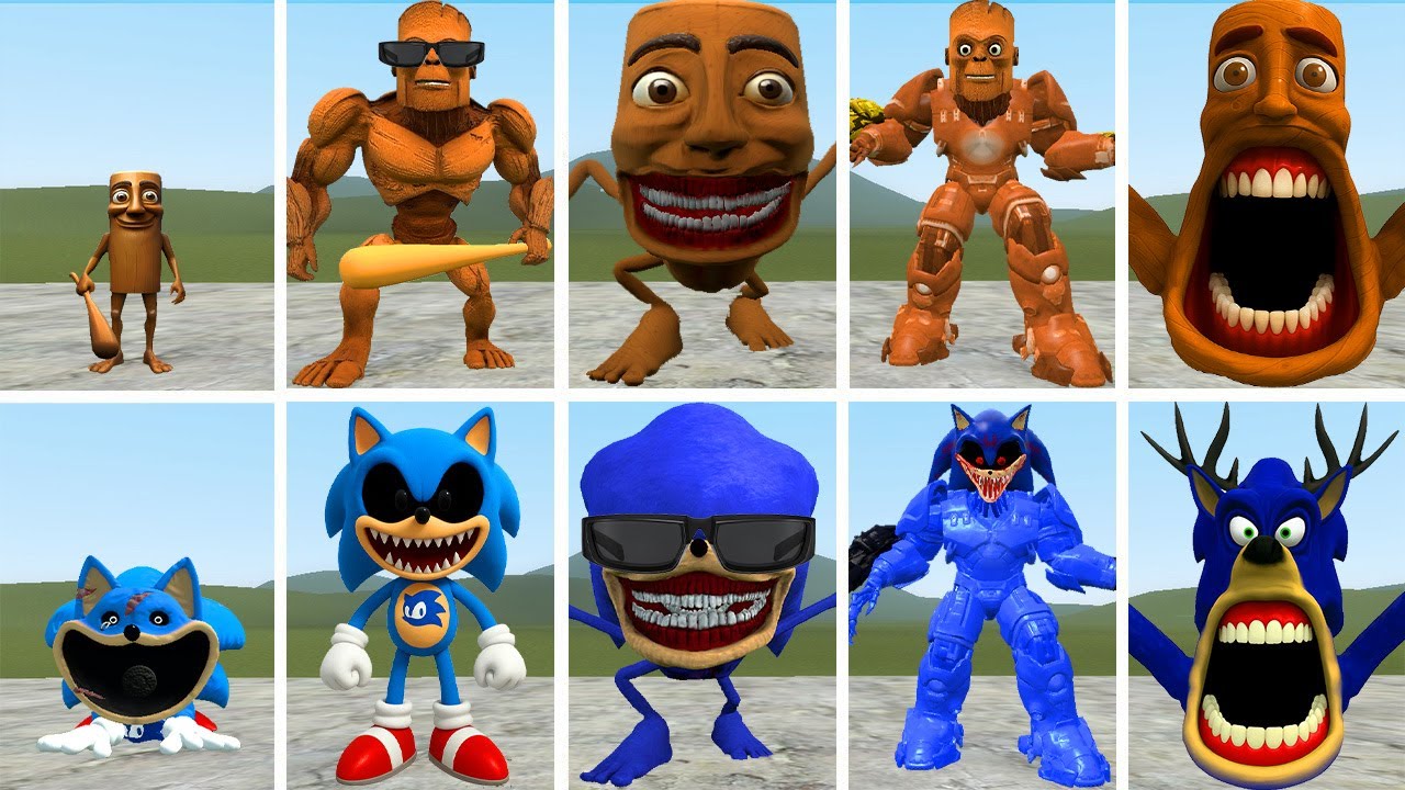YES YES:ALL THE NEW EVOLUTIONARY FORMS OF THE TUNGTUNG SAHUR FAMILY VS THE SONIC EXE FAMILY IN GMOD!