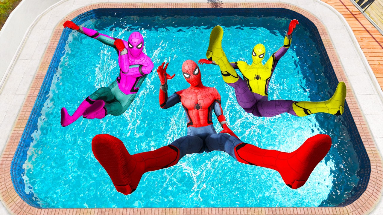 GTA 5 Rainbow  yellow Vs Pink & Red Spiderman Jumping Into Pool (Euphoria Physics/Ragdolls) #1