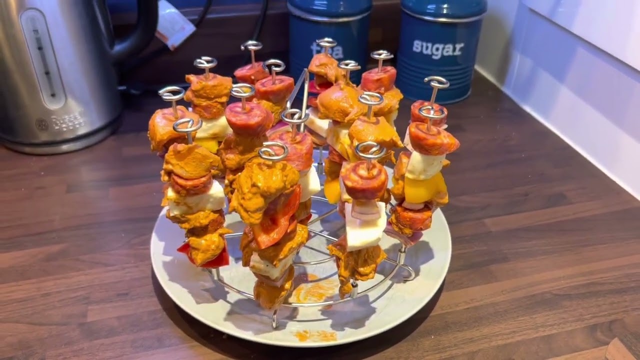 Tandoori chicken & chorizo skewers with spicy wedges in Ninja foodi
