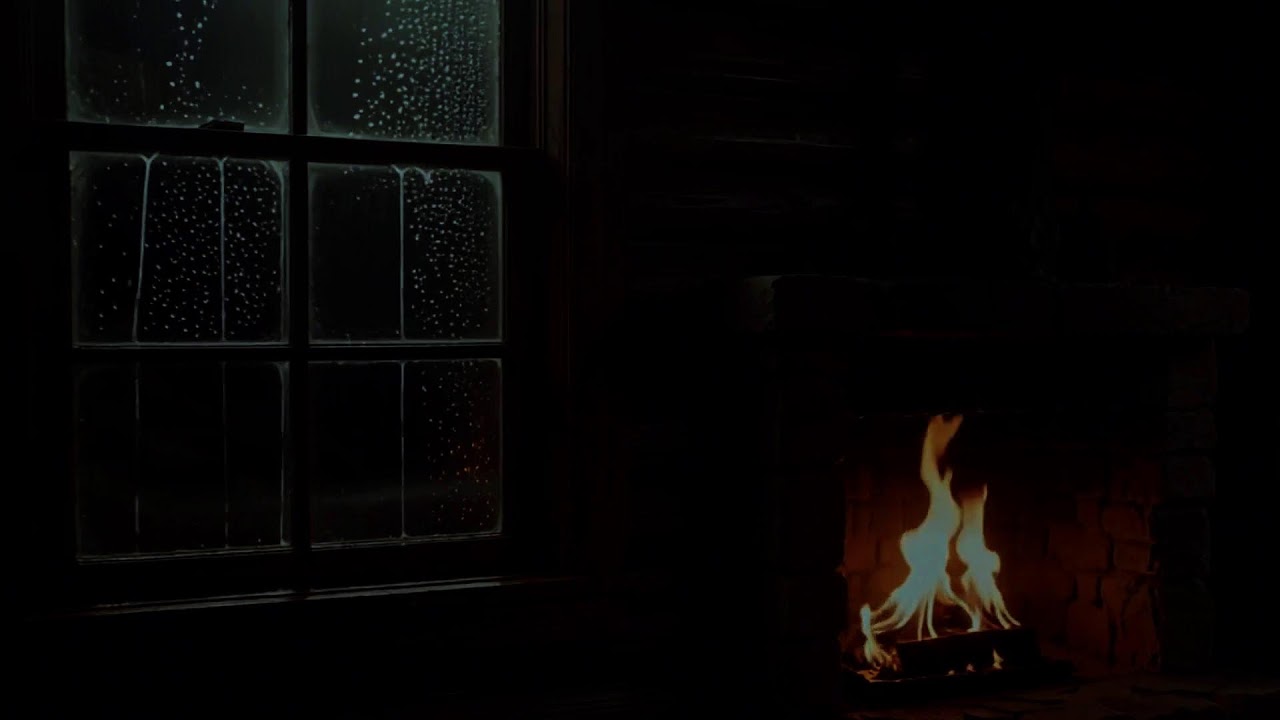 Midnight Rainfall Sounds with Warm Fireplace Sounds for Stress Relief