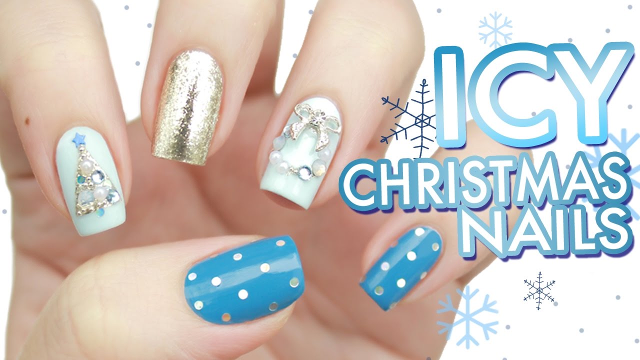 Icy Crystal Blue Christmas Tree & Wreath Nail Art