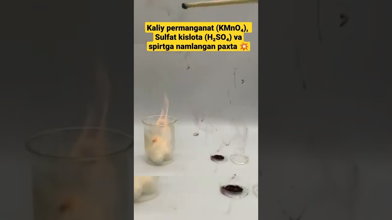 Kaliy permanganat (KMnO₄) Sulfat k-ta (H₂SO₄) va spirtga namlangan paxta. Ajoyib Kimyoviy Reaksiya